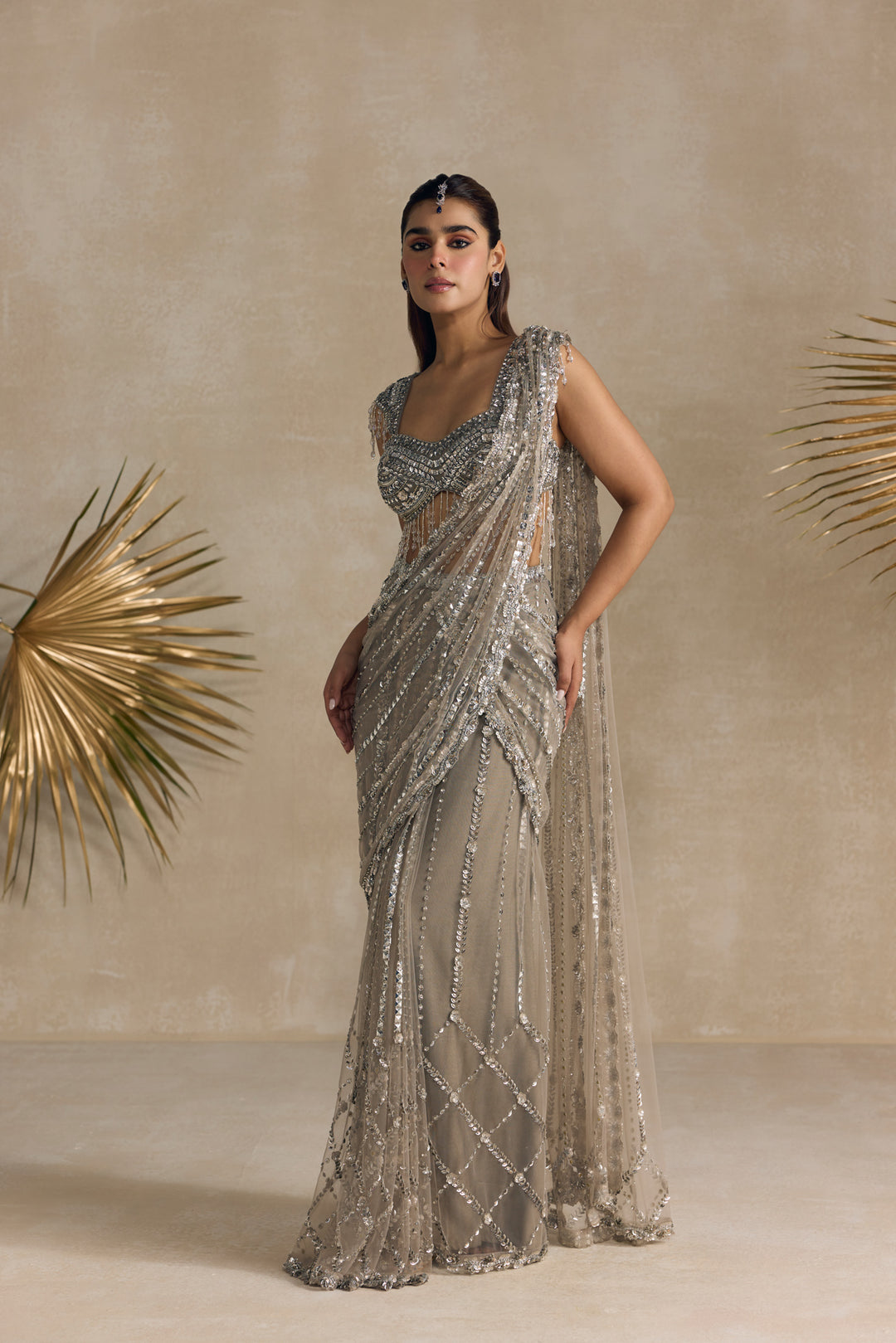 SILVER CRYSTAL PRE DRAPED SAREE