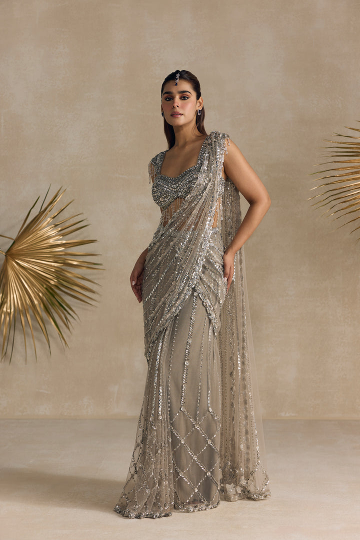 SILVER CRYSTAL PRE DRAPED SAREE