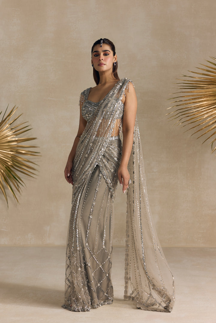 SILVER CRYSTAL PRE DRAPED SAREE