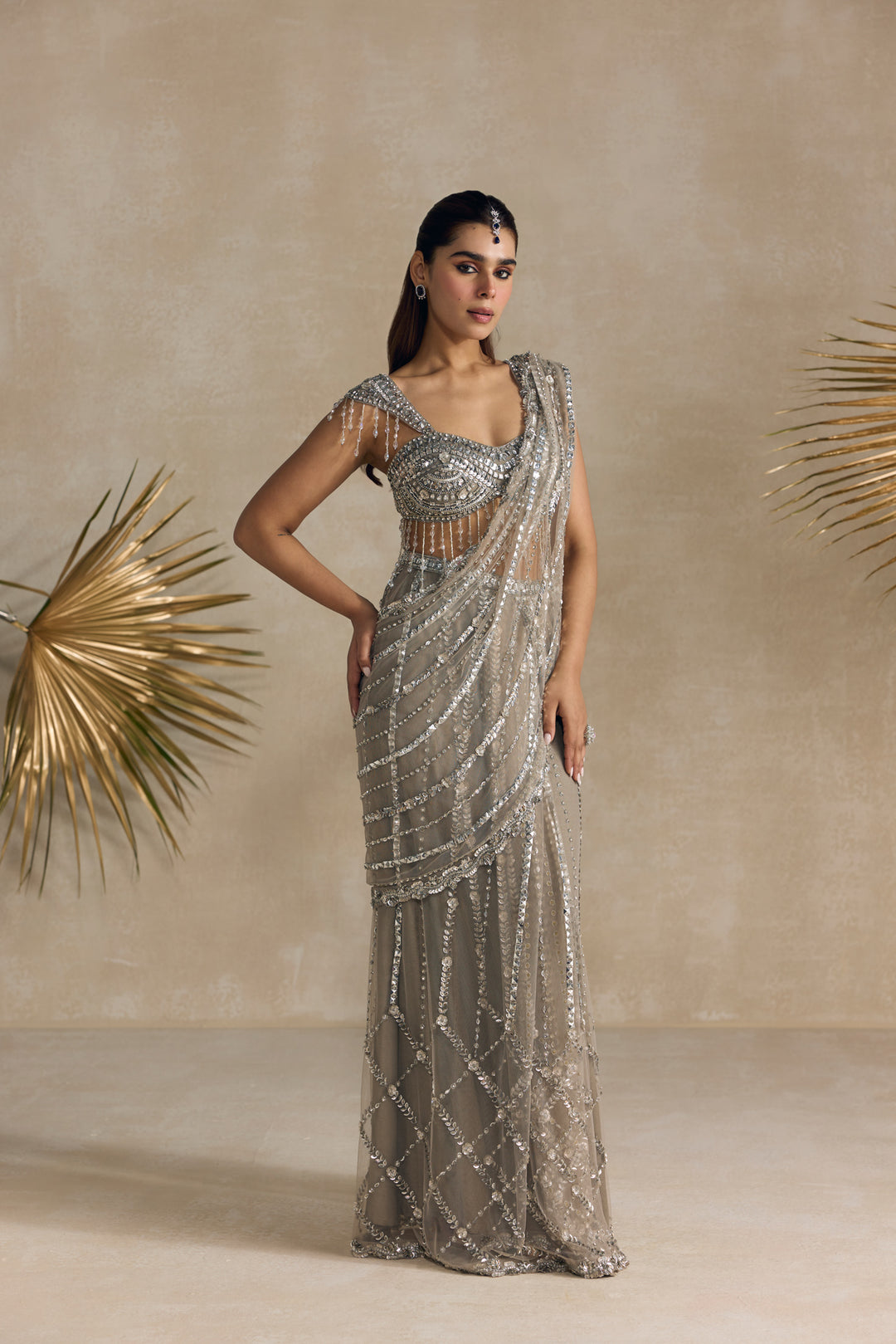 SILVER CRYSTAL PRE DRAPED SAREE