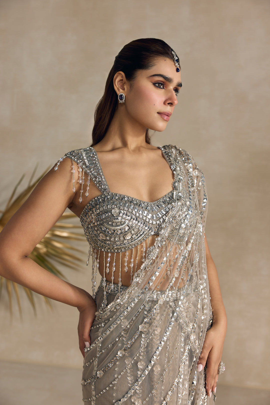 SILVER CRYSTAL PRE DRAPED SAREE