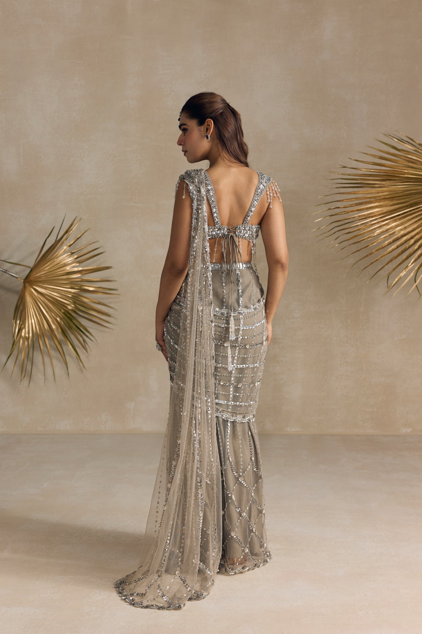 SILVER CRYSTAL PRE DRAPED SAREE