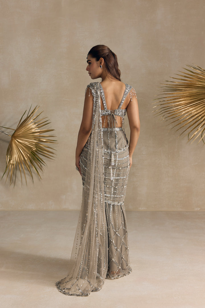 SILVER CRYSTAL PRE DRAPED SAREE