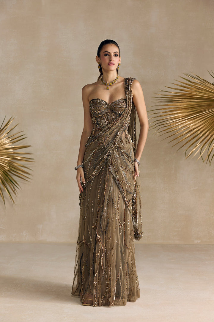 ANTIQUE GOLD PEPLUM CORSET PRE DRAPED SAREE