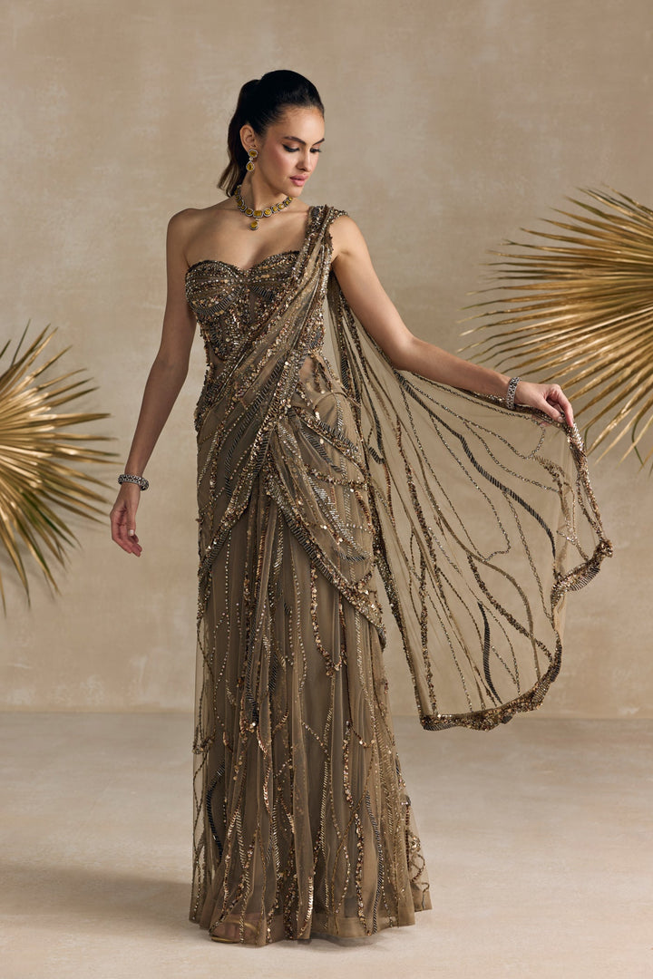 ANTIQUE GOLD PEPLUM CORSET PRE DRAPED SAREE