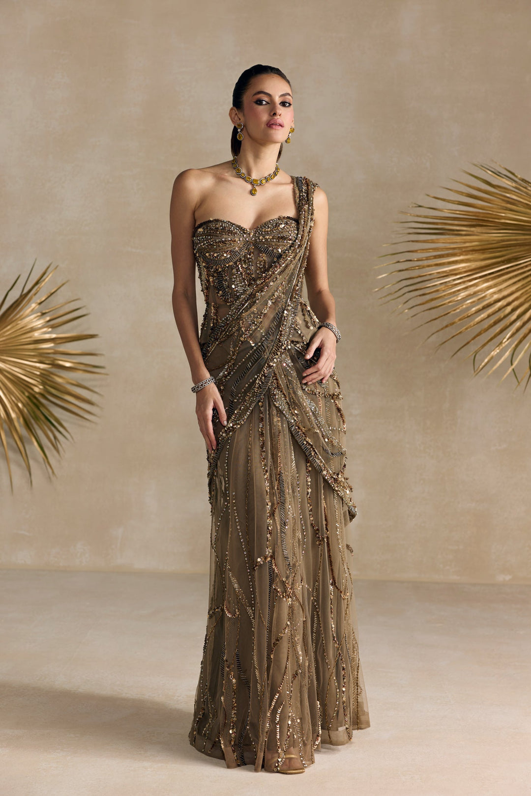 ANTIQUE GOLD PEPLUM CORSET PRE DRAPED SAREE