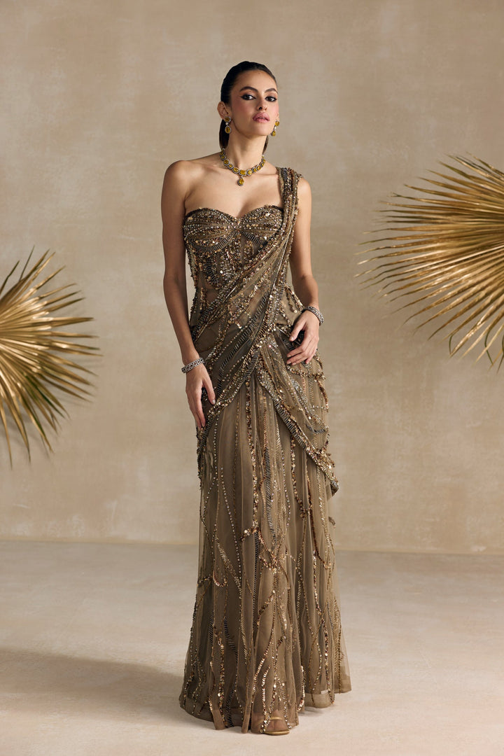 ANTIQUE GOLD PEPLUM CORSET PRE DRAPED SAREE