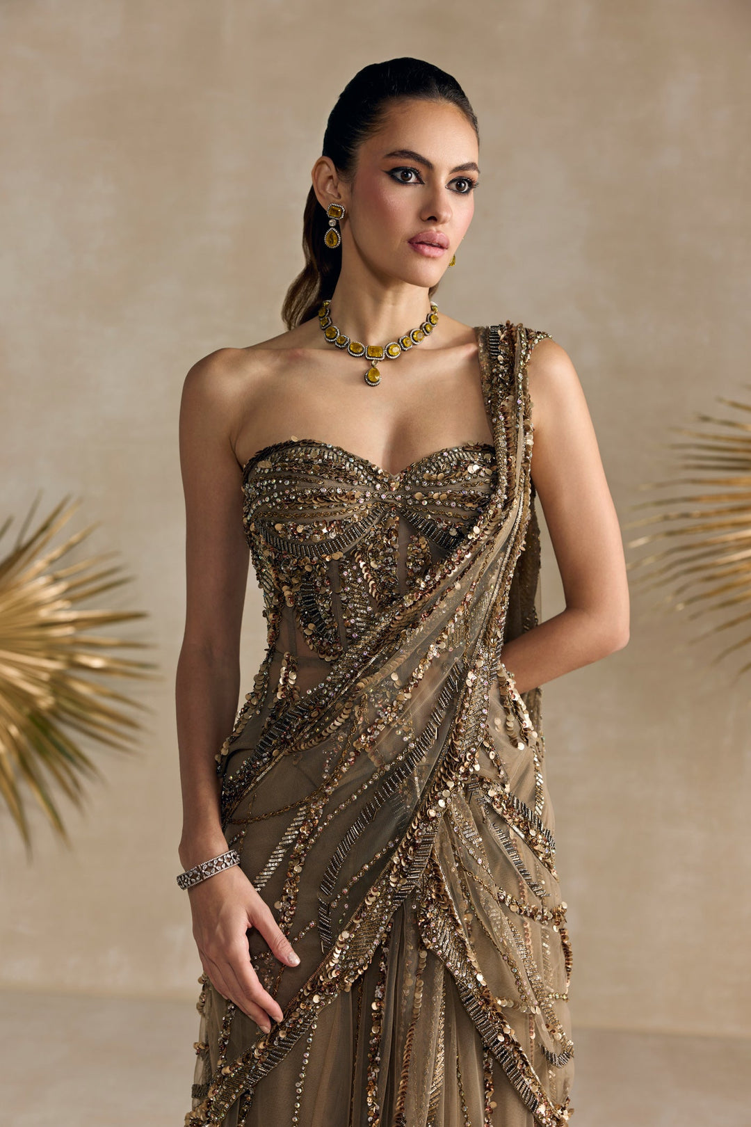 ANTIQUE GOLD PEPLUM CORSET PRE DRAPED SAREE