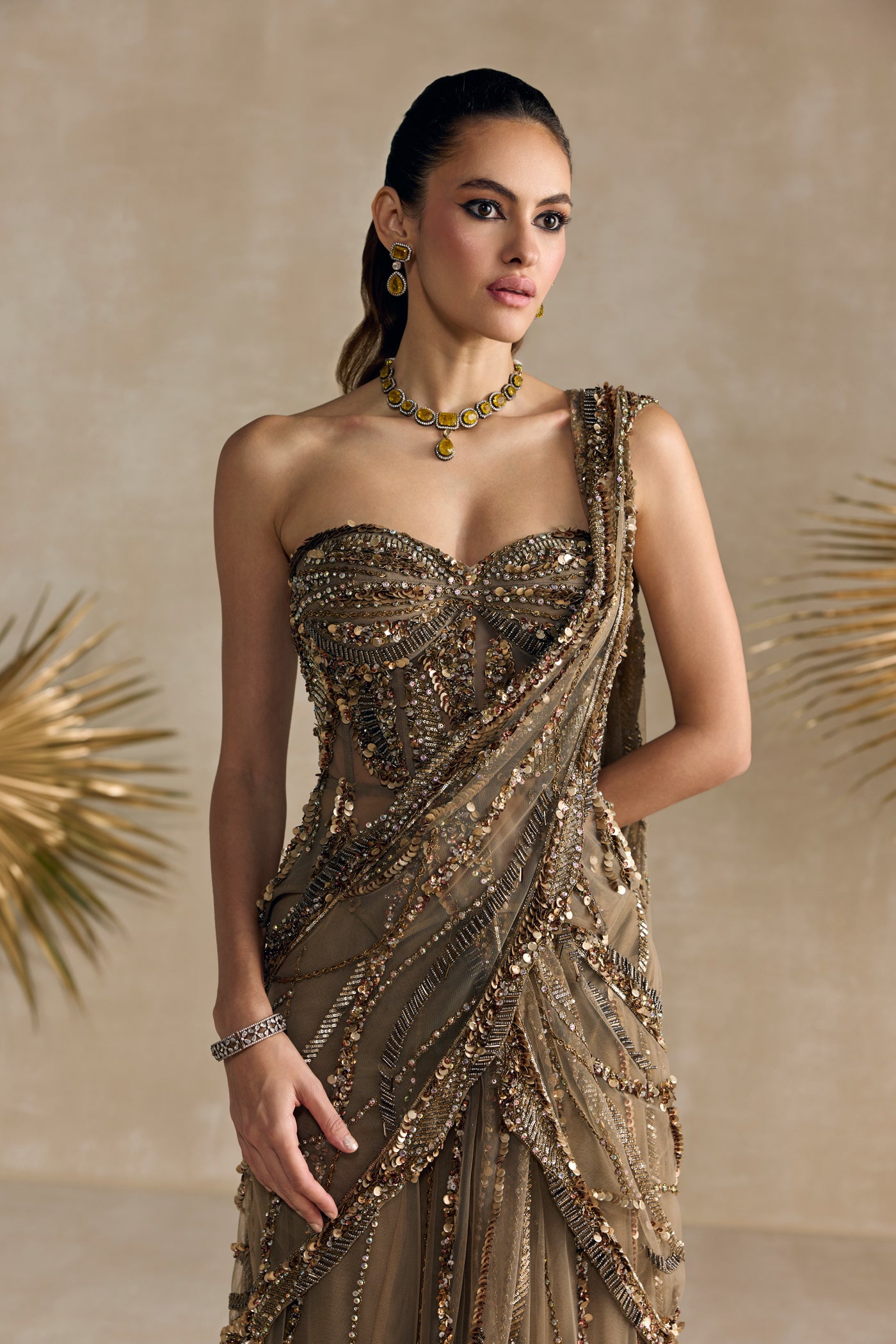 ANTIQUE GOLD PEPLUM CORSET PRE DRAPED SAREE