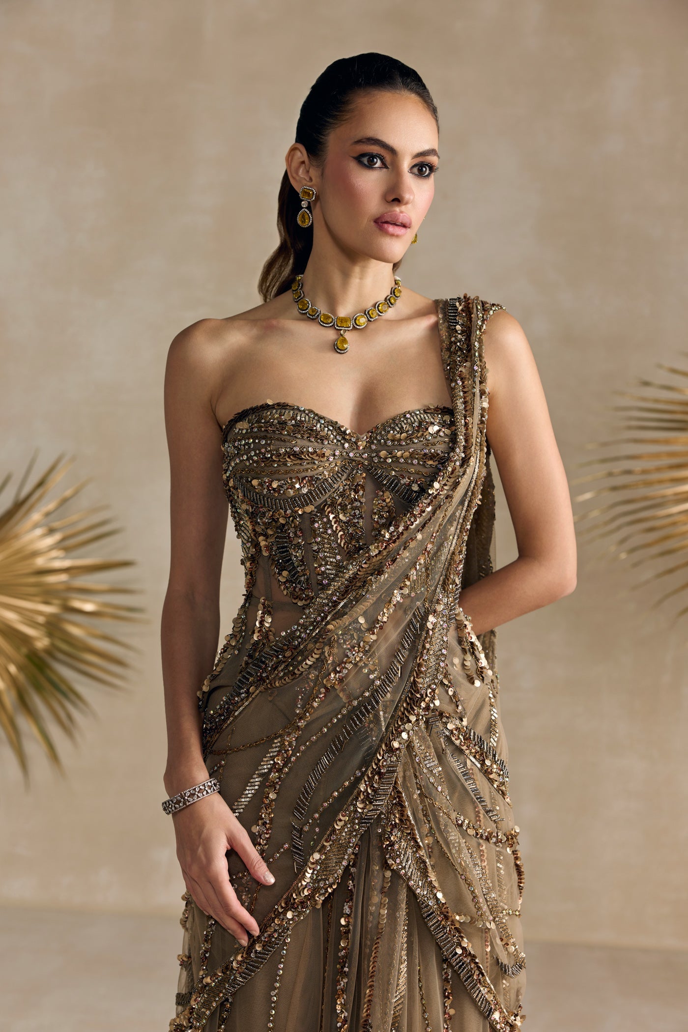 ANTIQUE GOLD PEPLUM CORSET PRE DRAPED SAREE