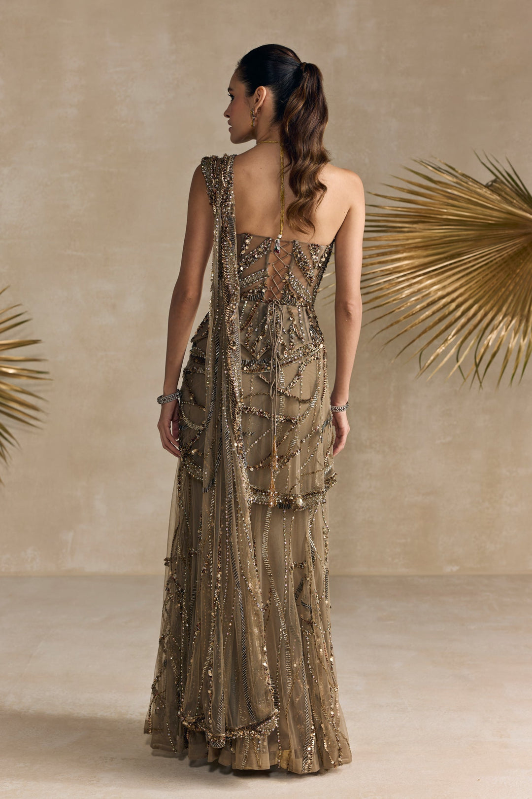 ANTIQUE GOLD PEPLUM CORSET PRE DRAPED SAREE