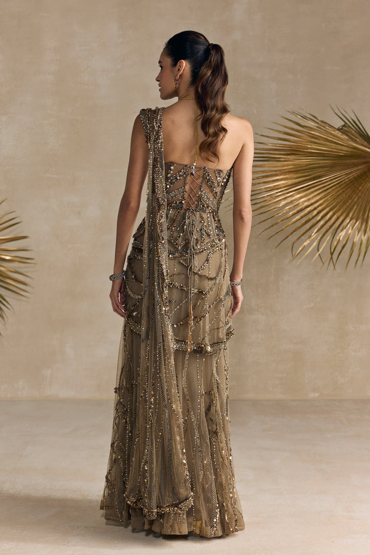 ANTIQUE GOLD PEPLUM CORSET PRE DRAPED SAREE