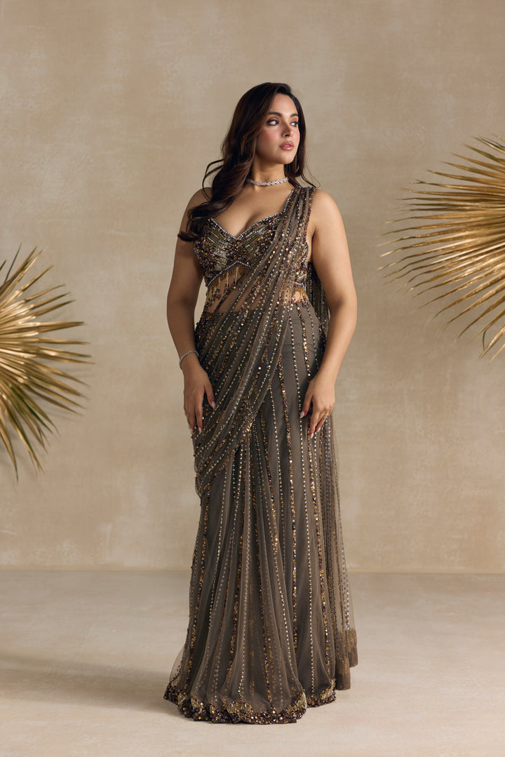 ANTIQUE BROWN PRE DRAPED SAREE