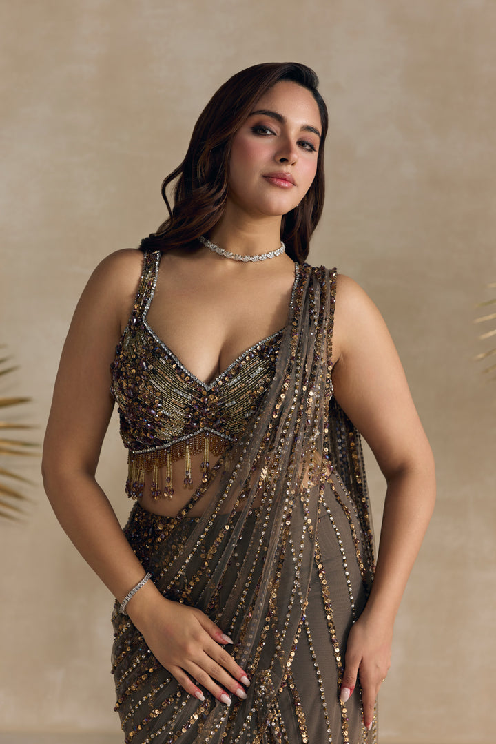 ANTIQUE BROWN PRE DRAPED SAREE
