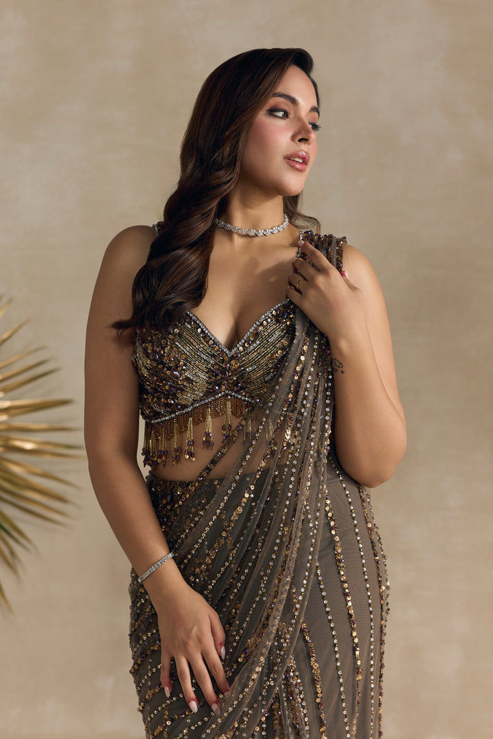 ANTIQUE BROWN PRE DRAPED SAREE