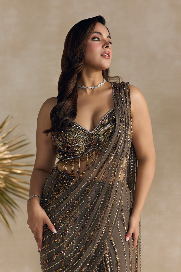 ANTIQUE BROWN PRE DRAPED SAREE