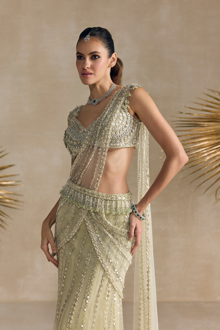 IVORY GREEN PRE DRAPED SAREE