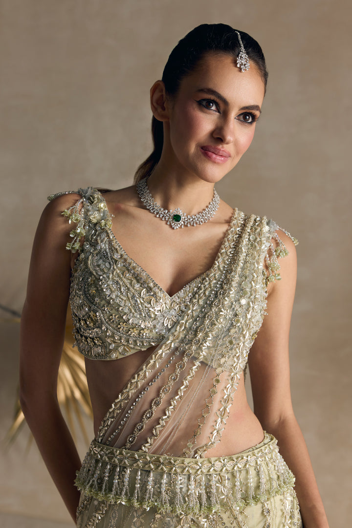 IVORY GREEN PRE DRAPED SAREE