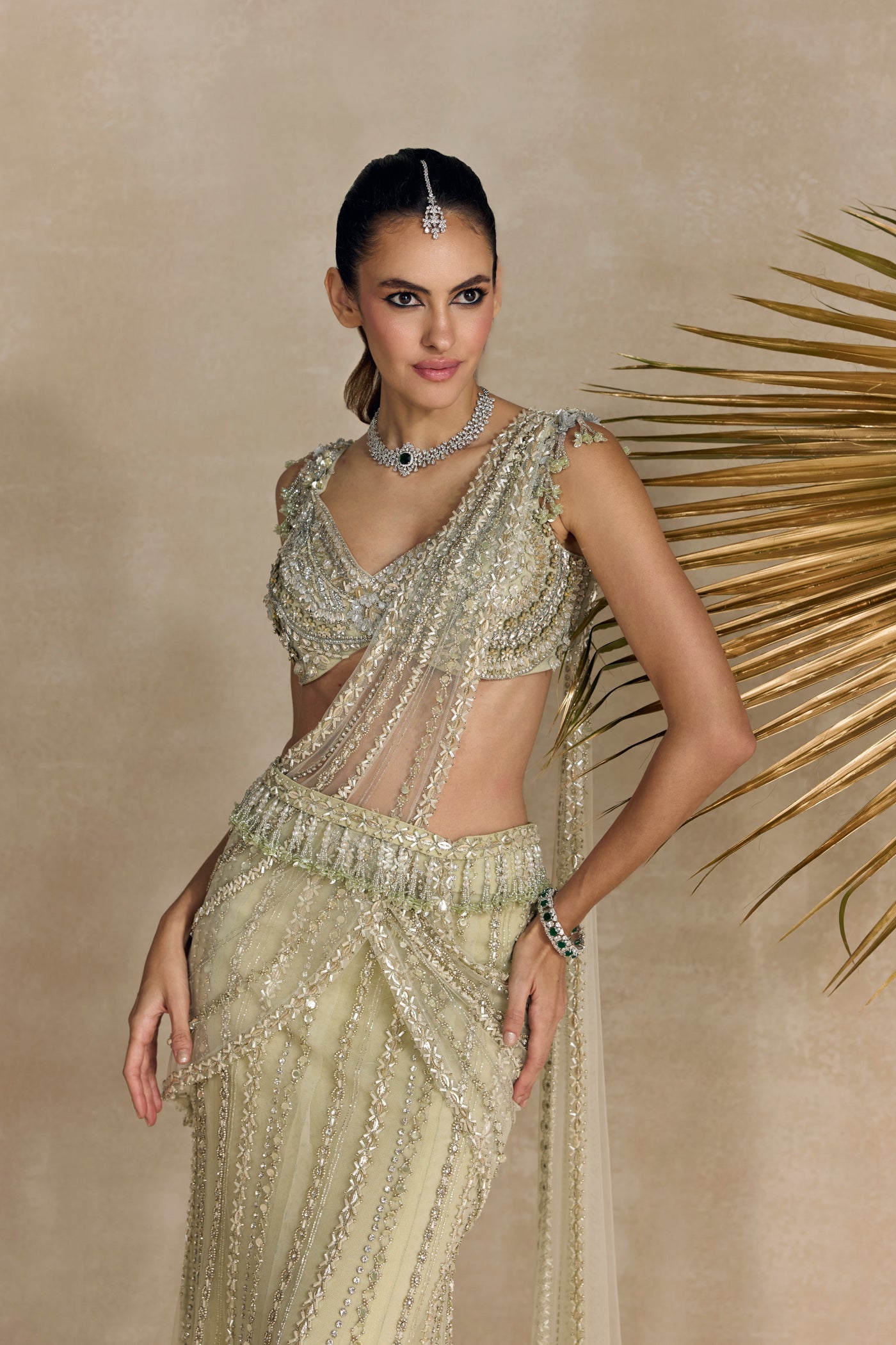 IVORY GREEN PRE DRAPED SAREE