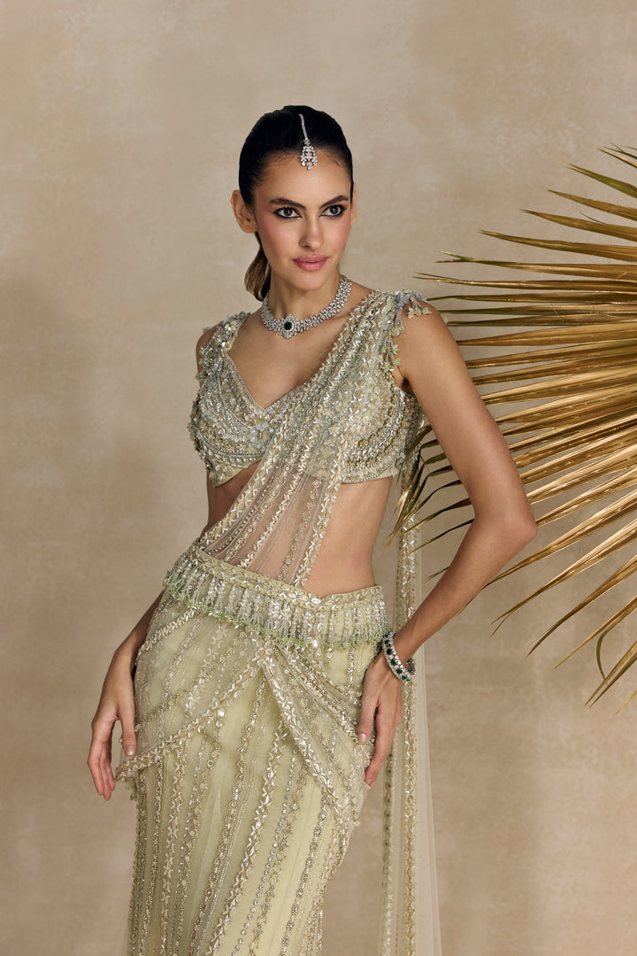 IVORY GREEN PRE DRAPED SAREE