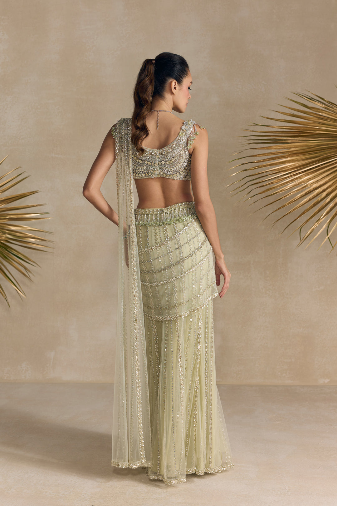 IVORY GREEN PRE DRAPED SAREE