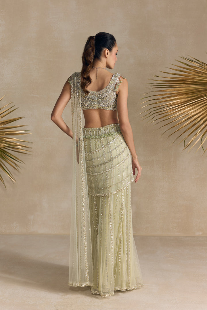 IVORY GREEN PRE DRAPED SAREE
