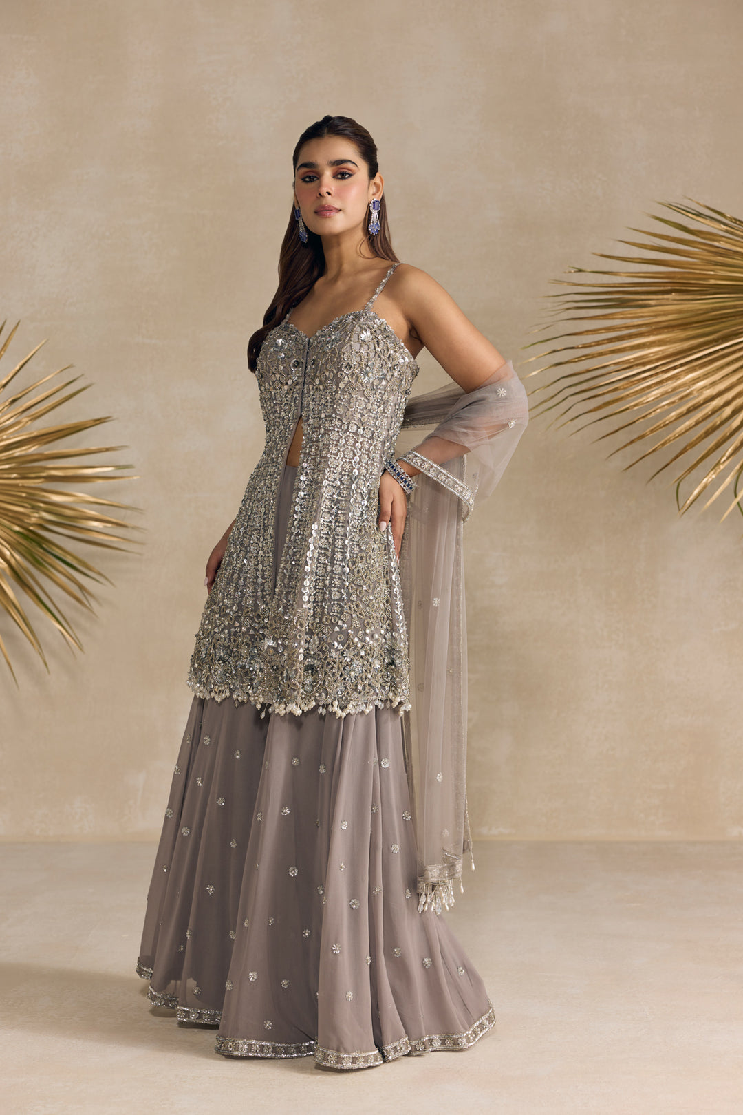 GREY SILVER PEPLUM SHARARA SET