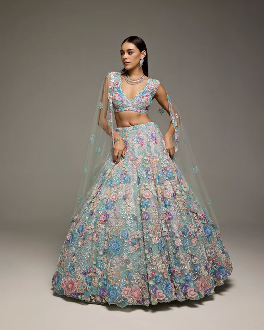 POWDER BLUE MULTI COLOUR LEHENGA SET