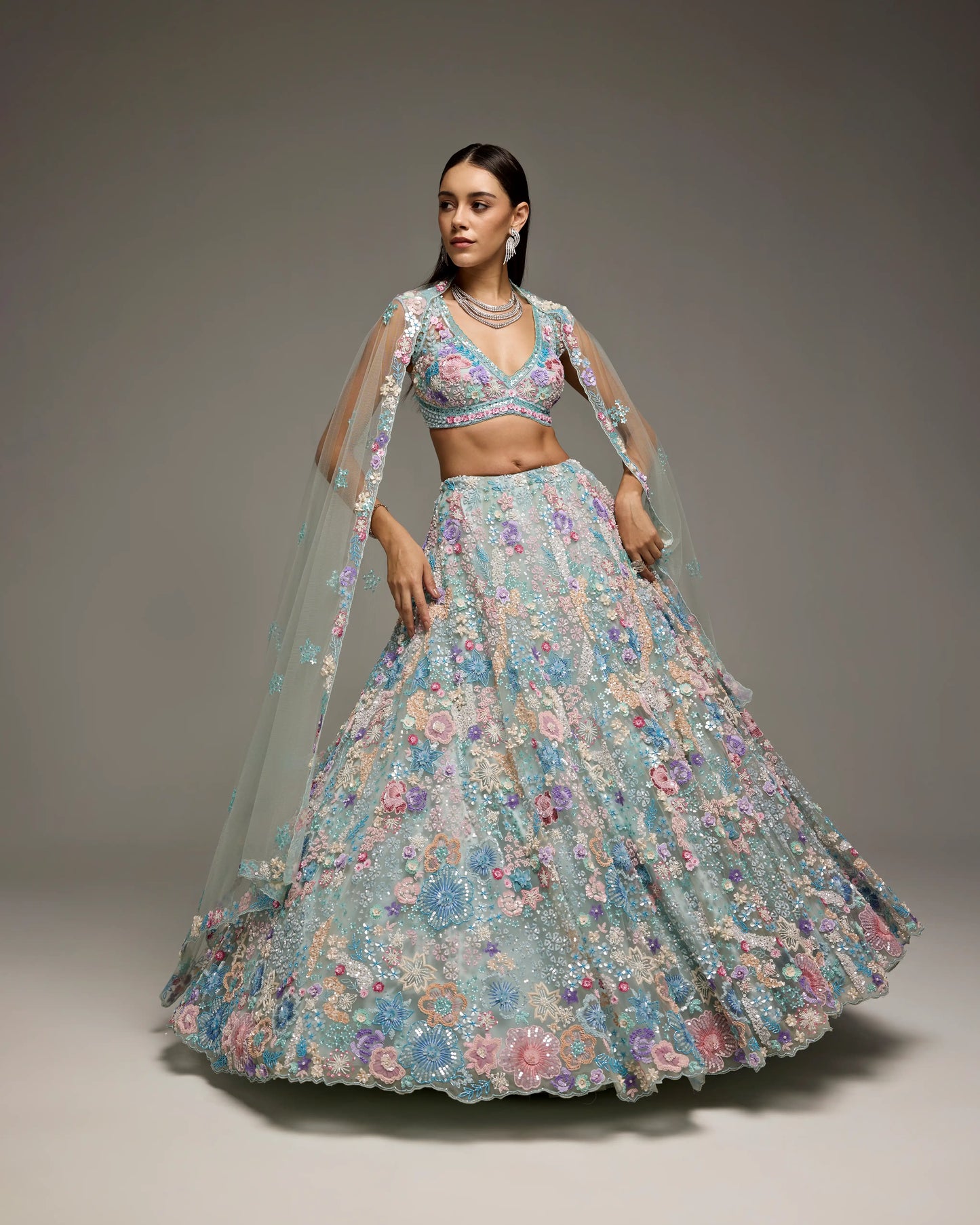 POWDER BLUE MULTI COLOUR LEHENGA SET