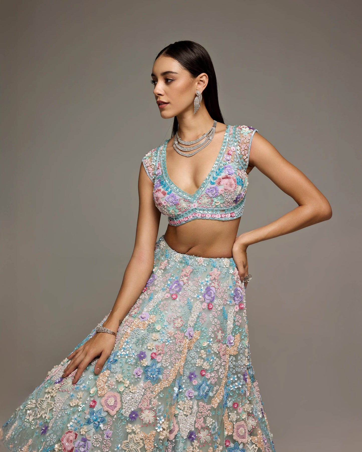 POWDER BLUE MULTI COLOUR LEHENGA SET