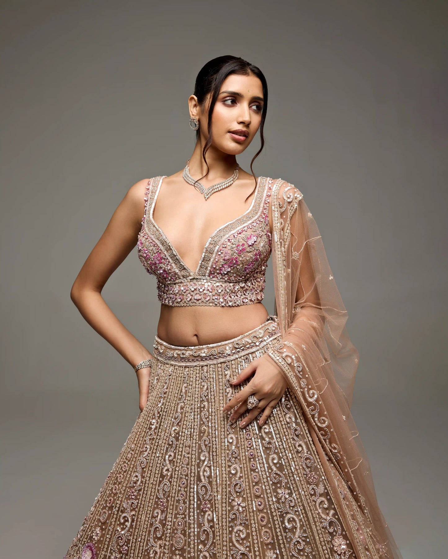 DUSTY MAUVE AND SILVER ELORA LEHENGA SET