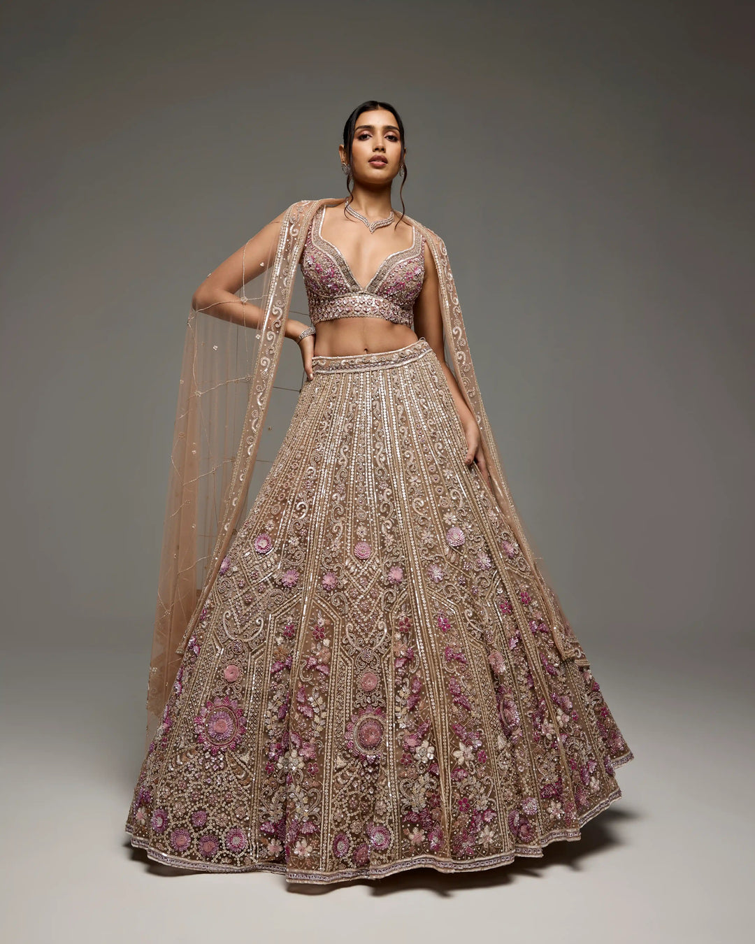 DUSTY MAUVE AND SILVER ELORA LEHENGA SET