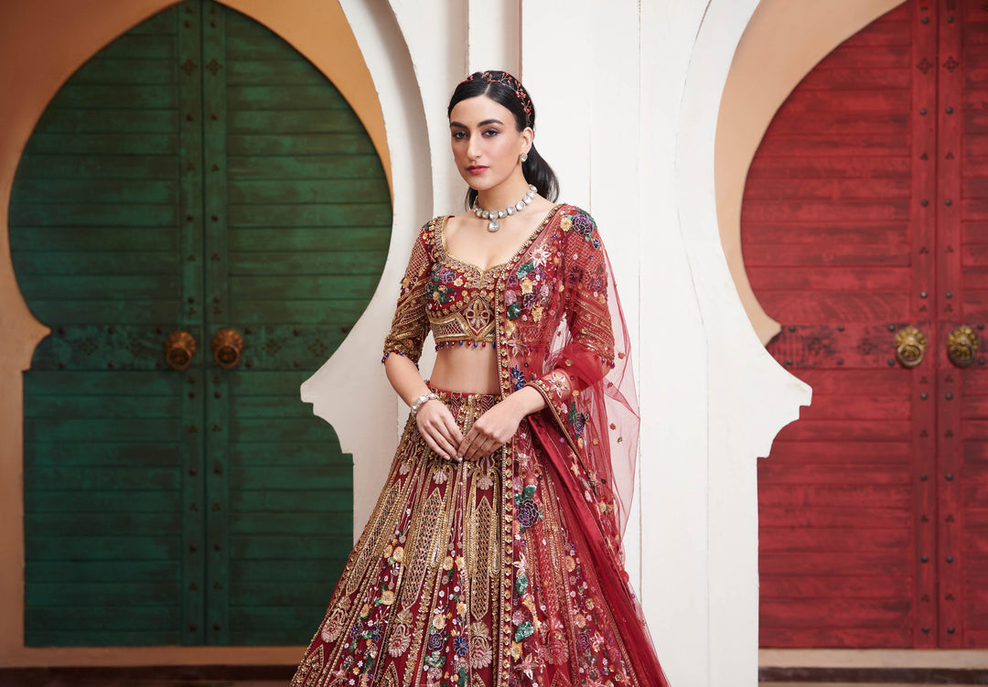 DEEP RED DILARA BRIDAL LEHENGA SET