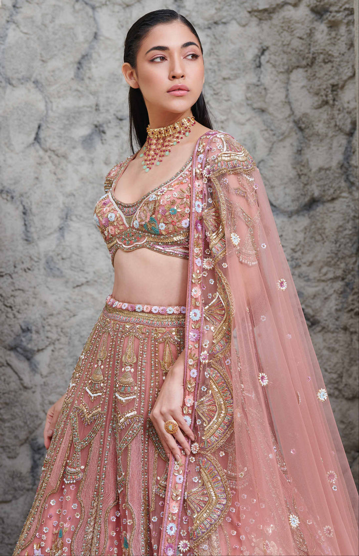 PEACH AND GOLD SHAHNAZ BRIDAL LEHENGA SET