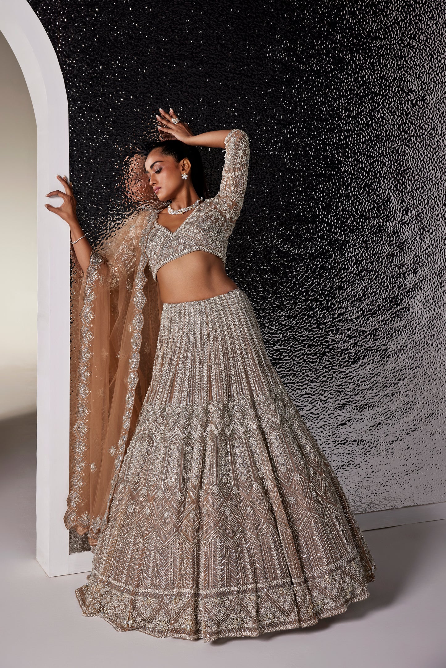 DULL BROWN AND SILVER CHARLOTTE LEHENGA SET