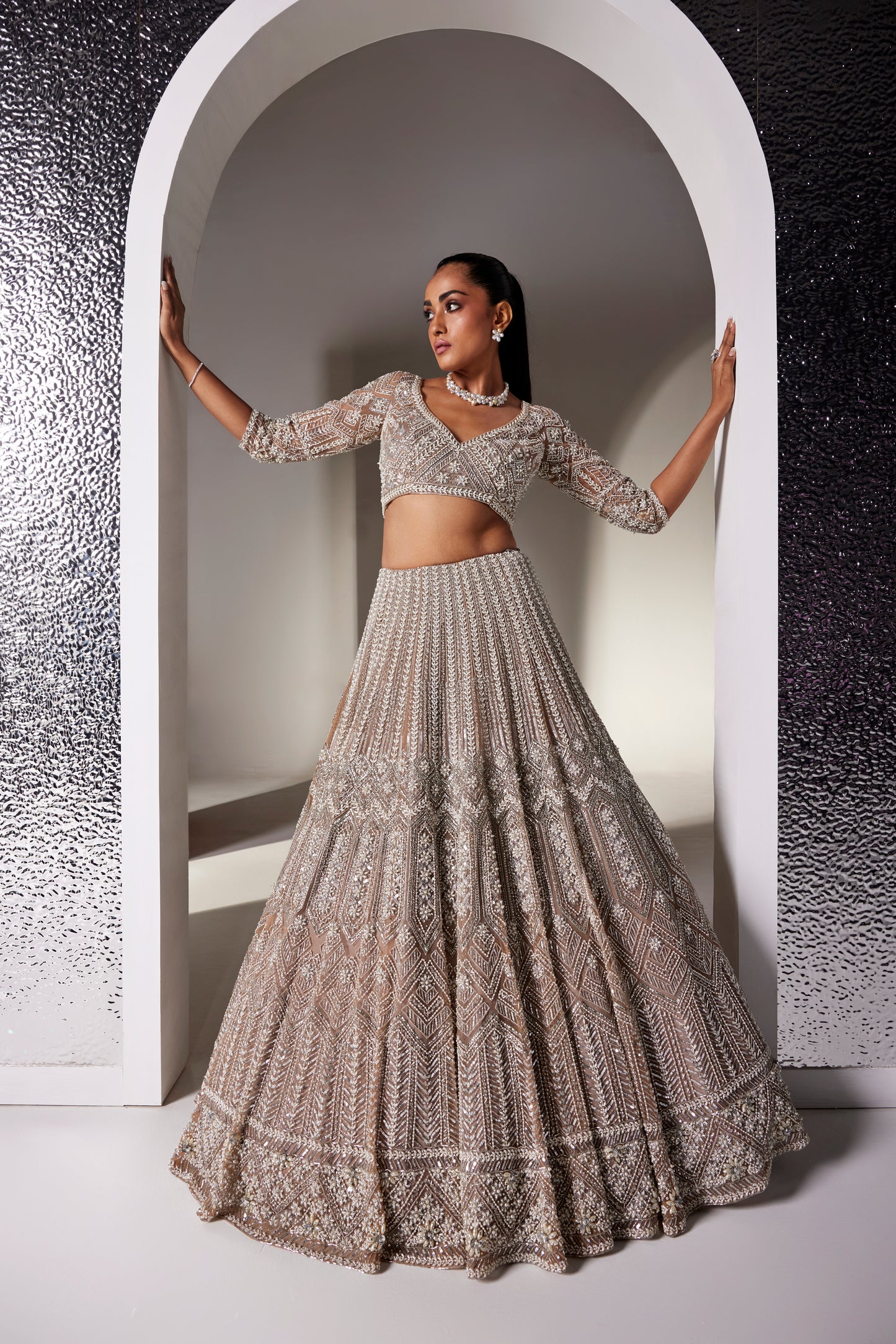 DULL BROWN AND SILVER CHARLOTTE LEHENGA SET