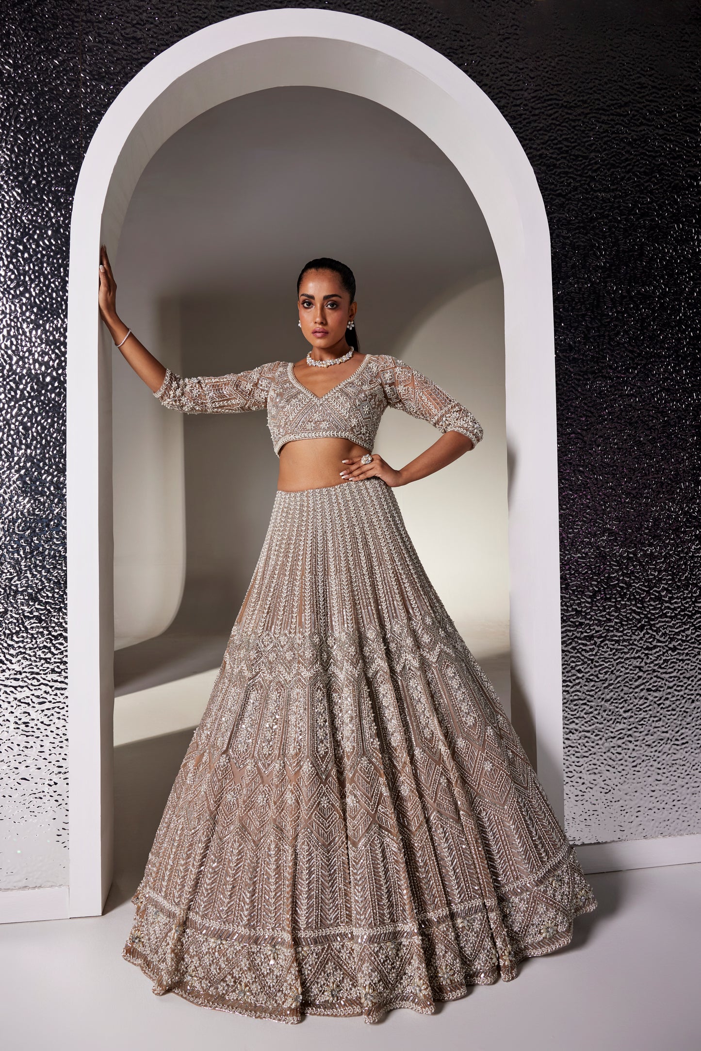 DULL BROWN AND SILVER CHARLOTTE LEHENGA SET