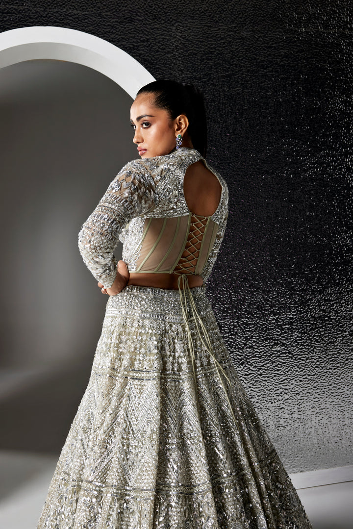 DULL GREEN AND SILVER IRIS LEHENGA SET