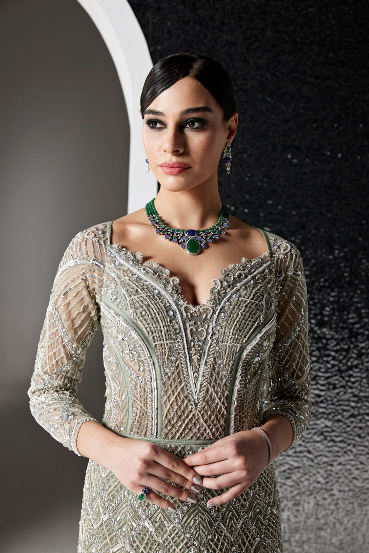 DUSTY GREEN AND SILVER CEDRINA GOWN