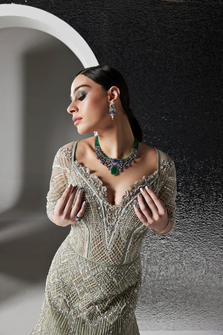 DUSTY GREEN AND SILVER CEDRINA GOWN