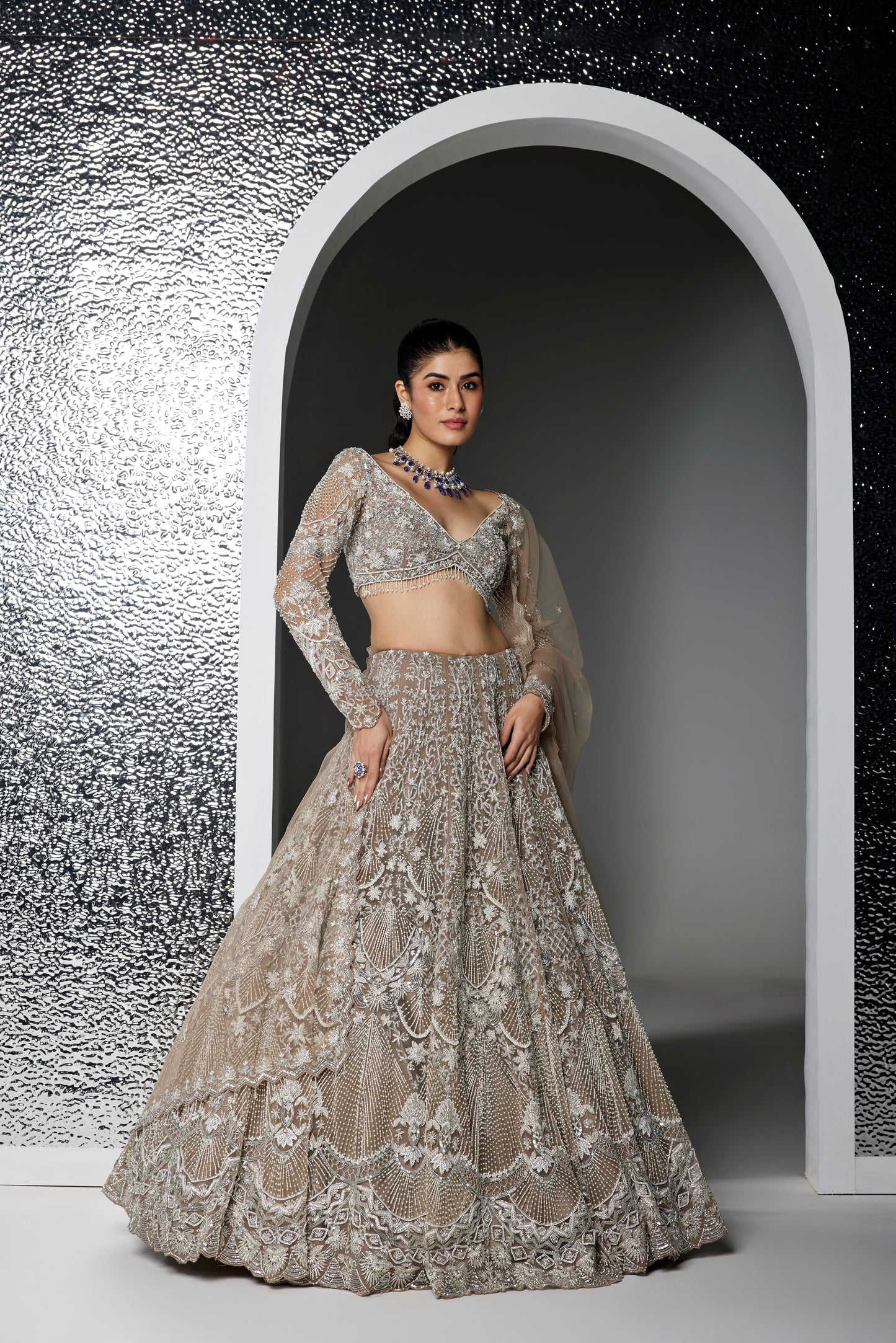 DULL GREY AND SILVER NATALIE LEHENGA SET