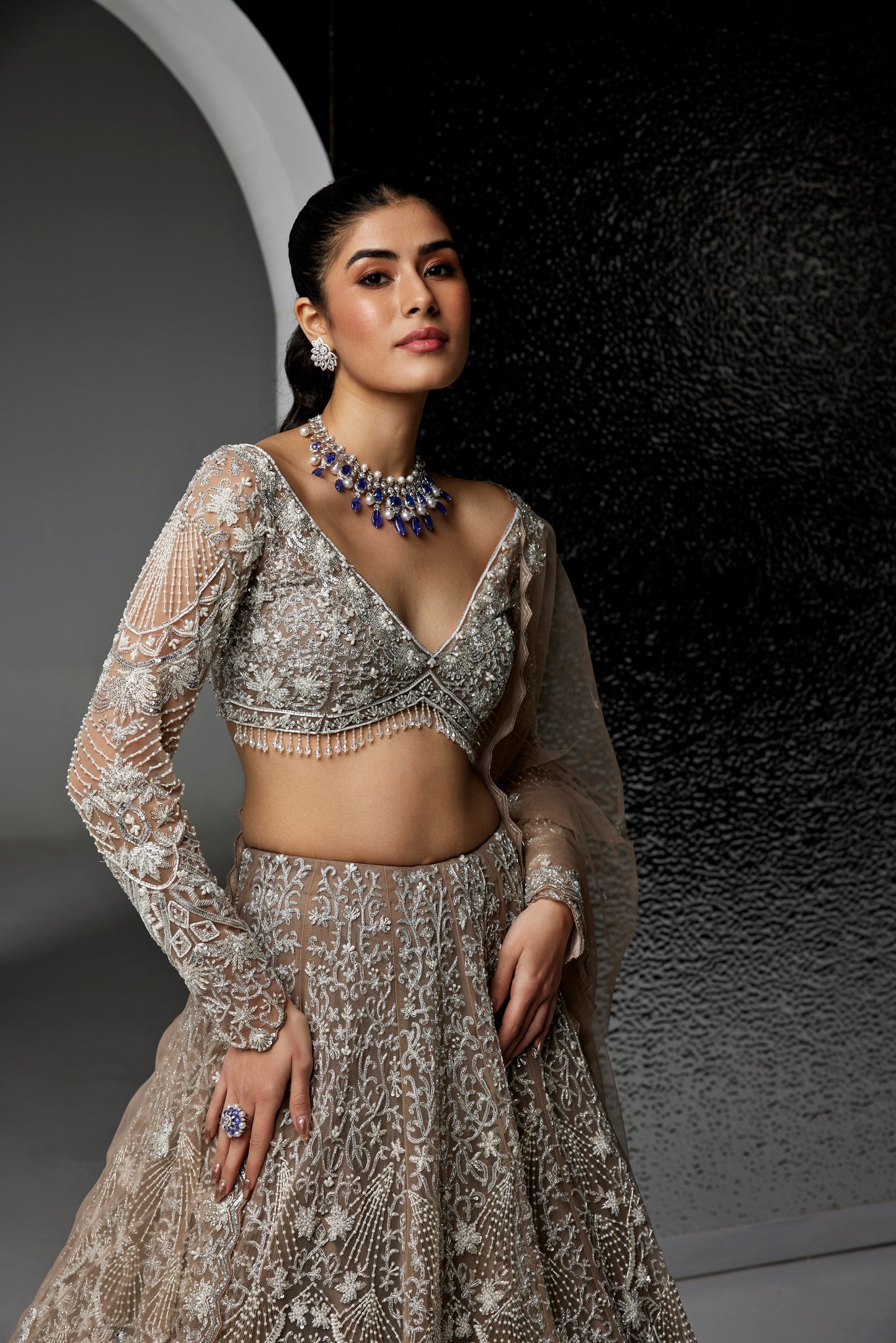 DULL GREY AND SILVER NATALIE LEHENGA SET