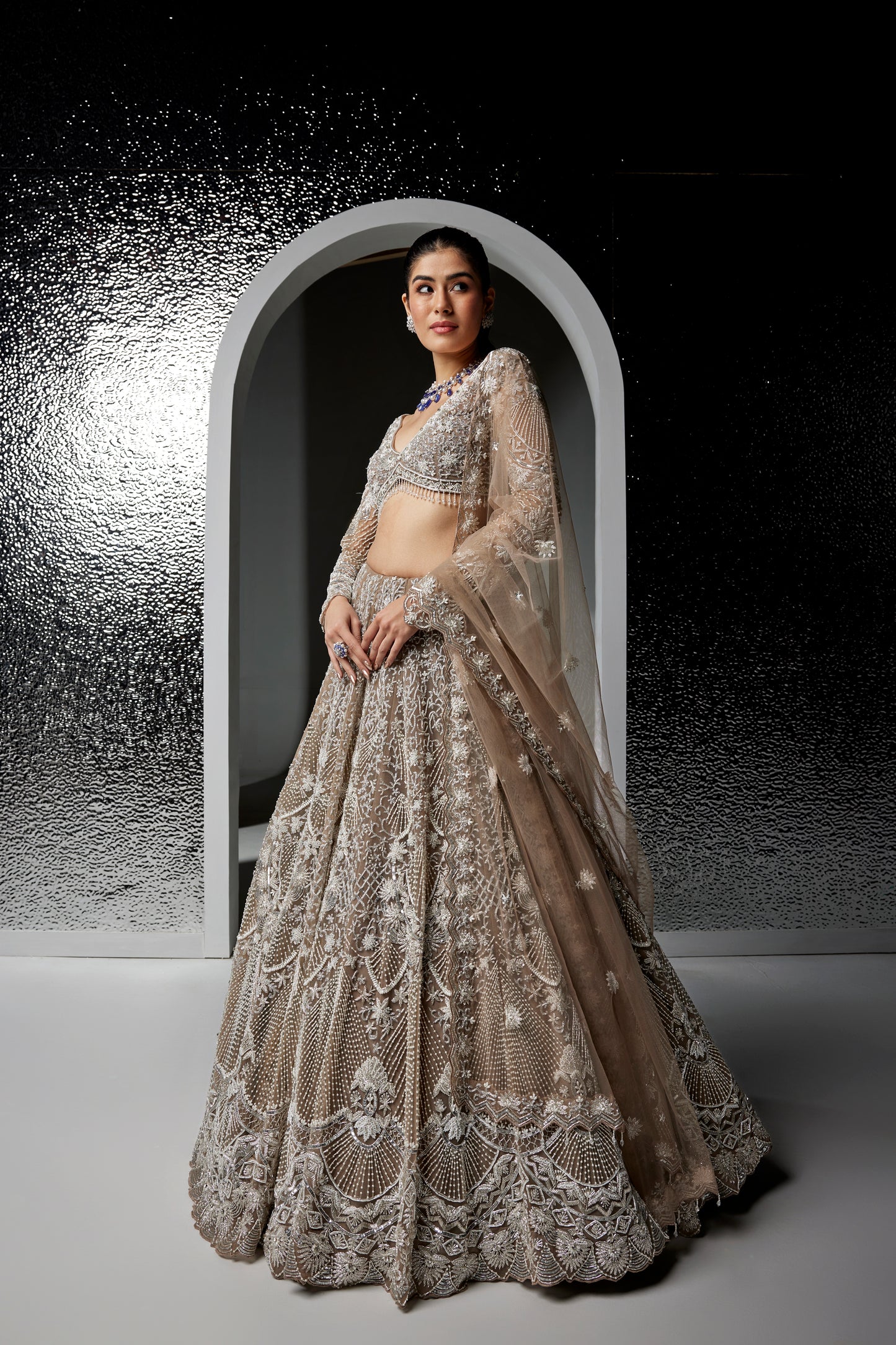 DULL GREY AND SILVER NATALIE LEHENGA SET