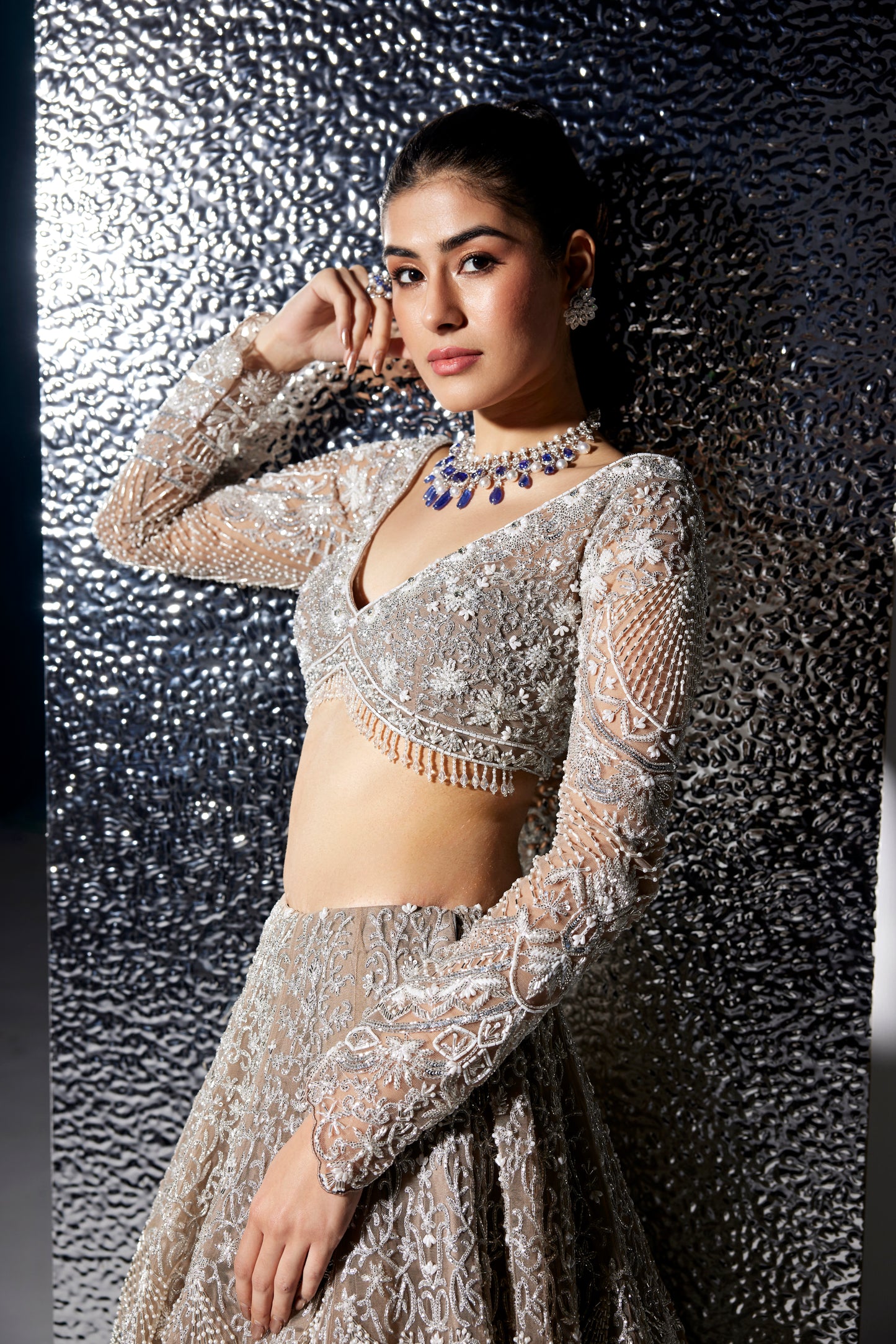 DULL GREY AND SILVER NATALIE LEHENGA SET