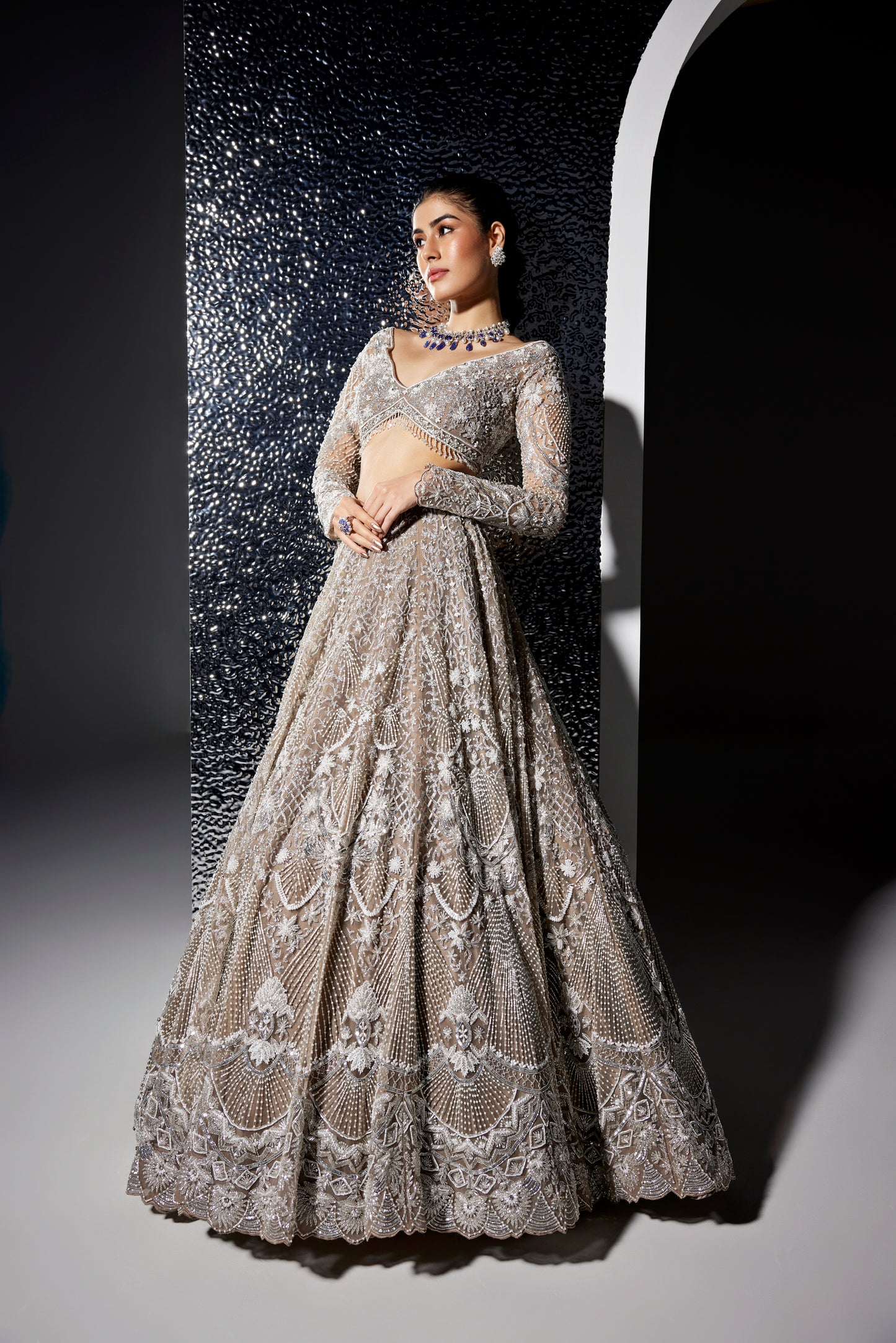 DULL GREY AND SILVER NATALIE LEHENGA SET