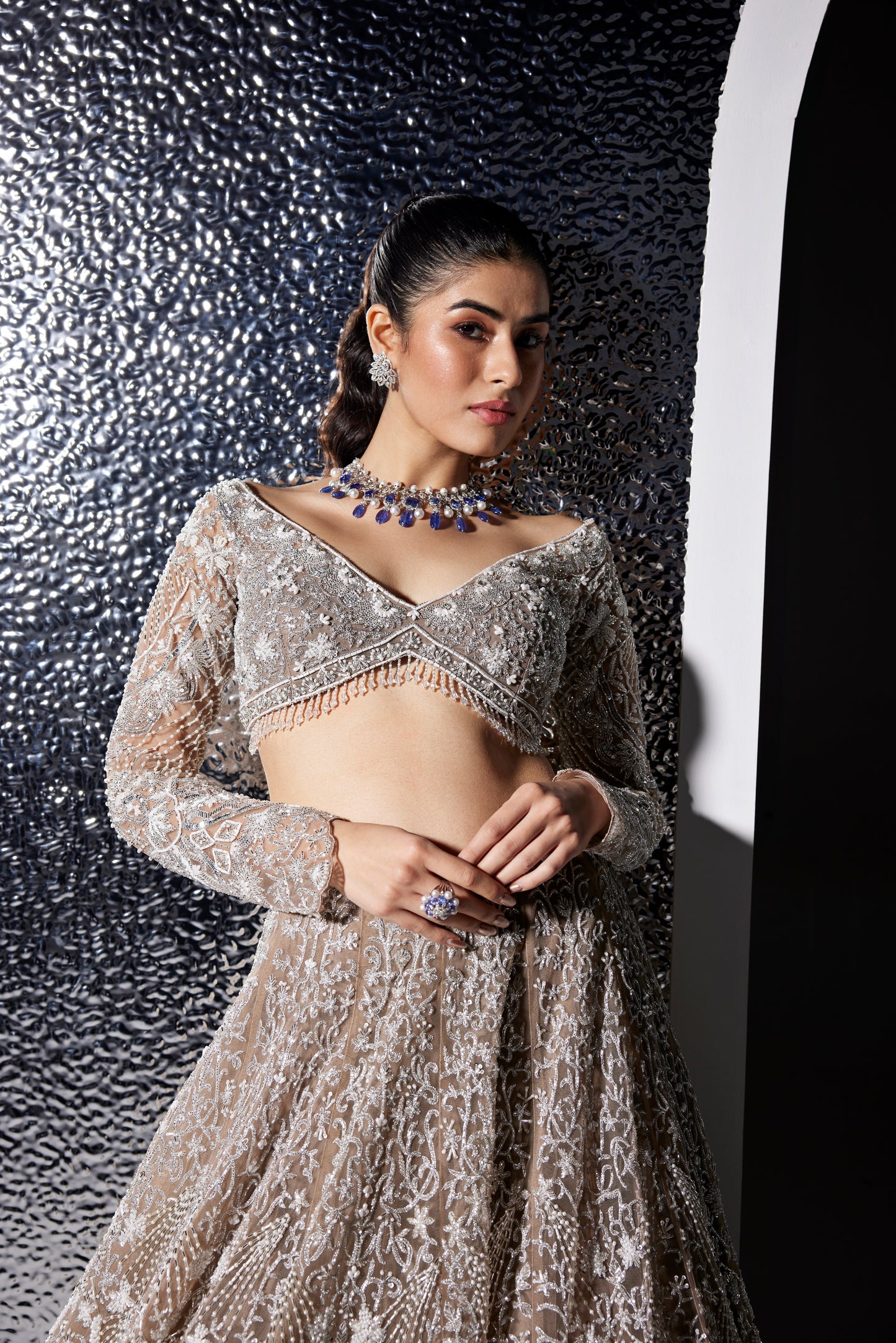 DULL GREY AND SILVER NATALIE LEHENGA SET