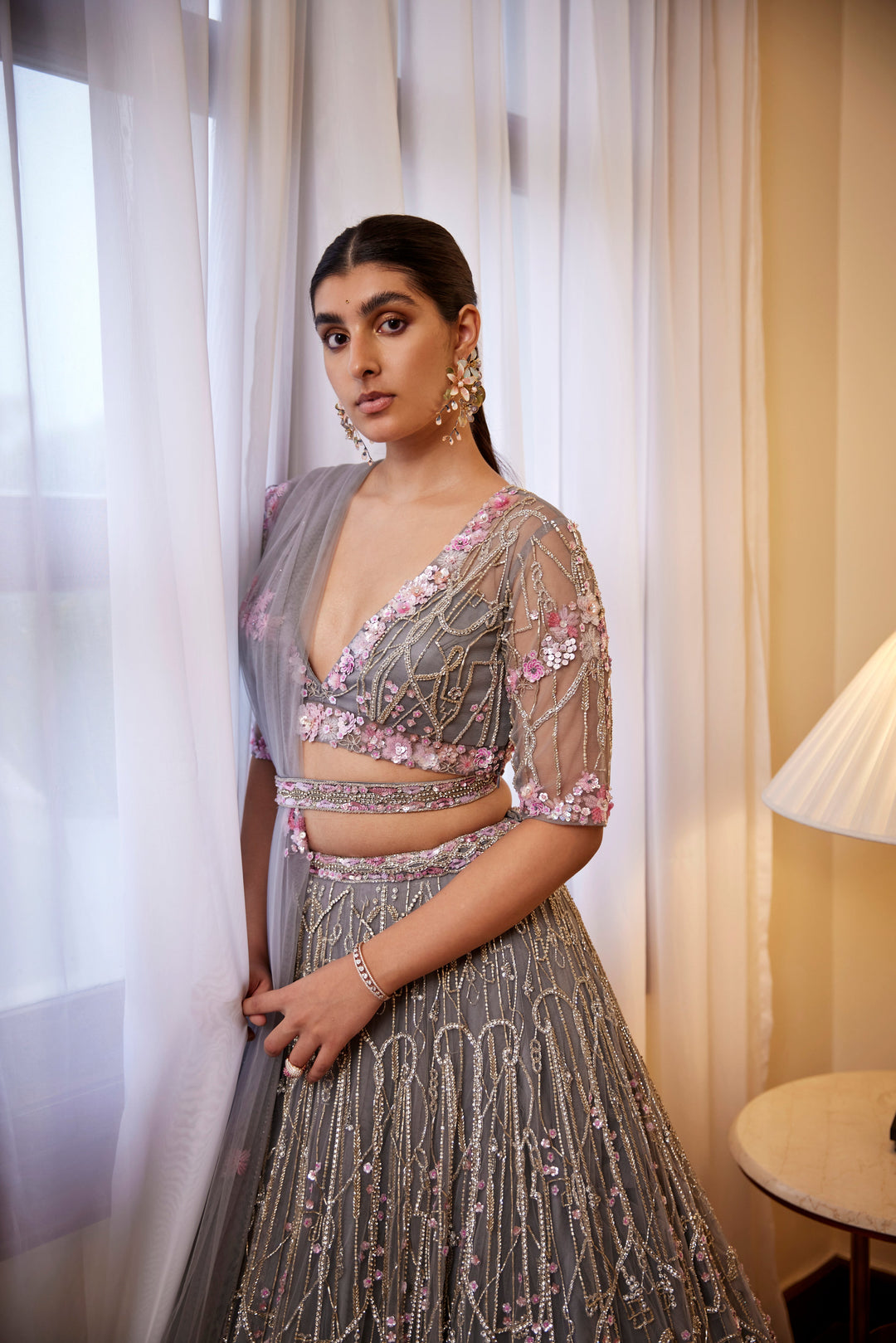 GREY PINK LEHANGA BLOUSE DUPATTA