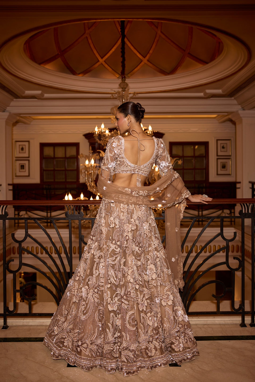 SOFT GOLD CAMELLIA 3D EMBROIDERED LEHENGA SET