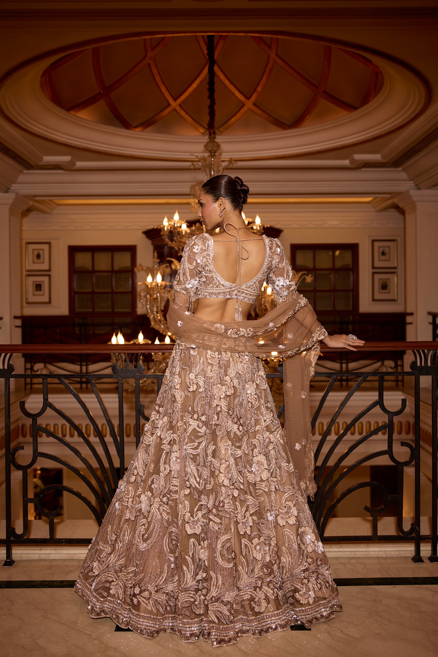 SOFT GOLD CAMELLIA 3D EMBROIDERED LEHENGA SET