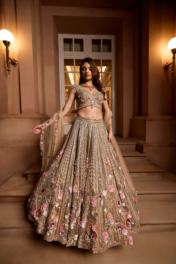 GOLD MULTICOLOUR 3D EMBROIDERED ZINNIA LEHENGA SET